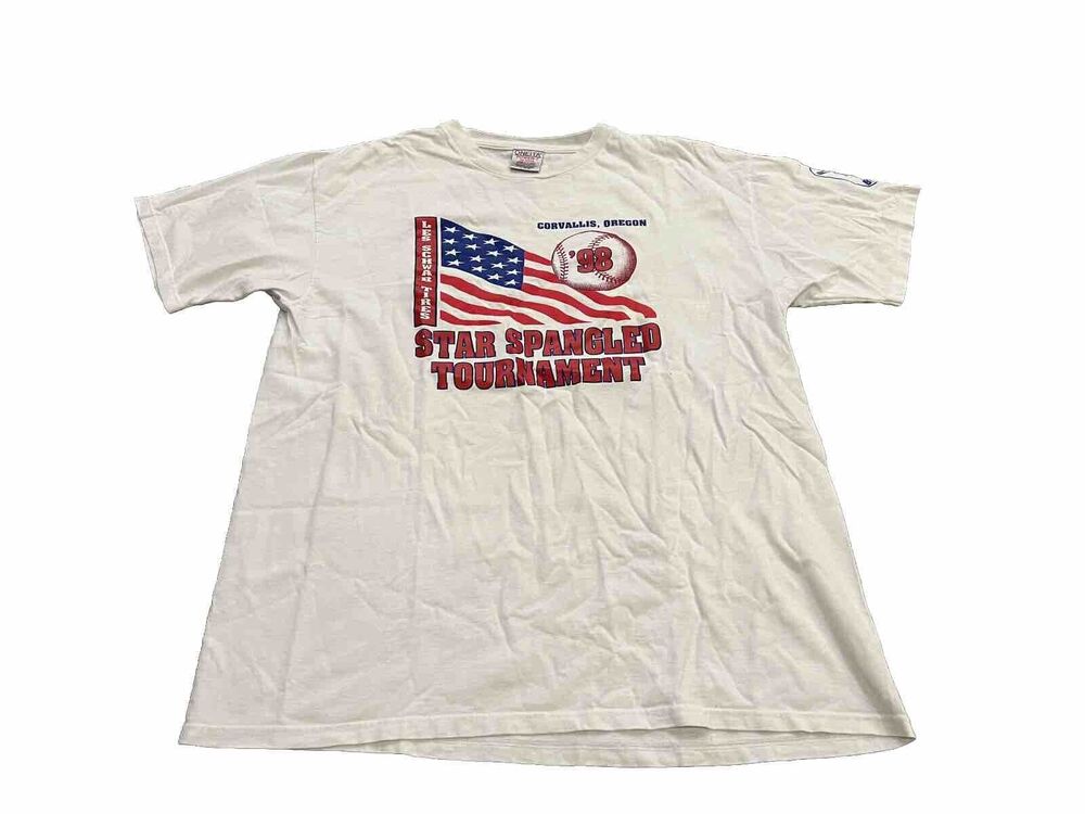 Vtg 90s Oneita Star Spangled Tournament Corvalis Oregon Baseball Tshirt Size XL